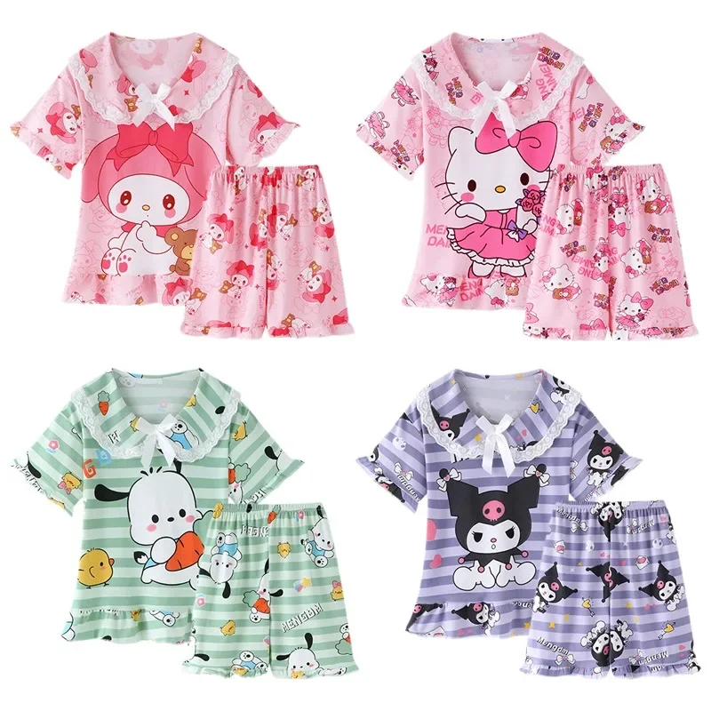 Sanrios My Melody Cinnamoroll Hellokittys милый тонкий пижамный комплект с принтом кавайные шорты с коротким рукавом Домашняя одежда детская одежда