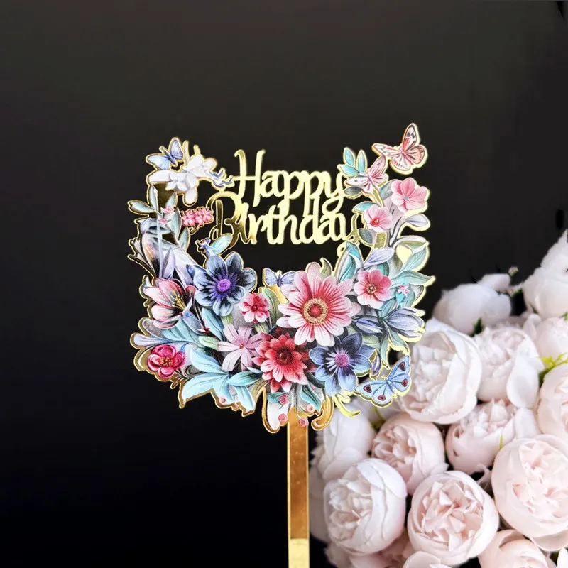 Neuer 3D-Farbdruck Happy Birthday Tortendekoration Gold Acryl Kinder Geburtstagstorten-Topper Dessert-Dekoration für Babyparty – Detail 2