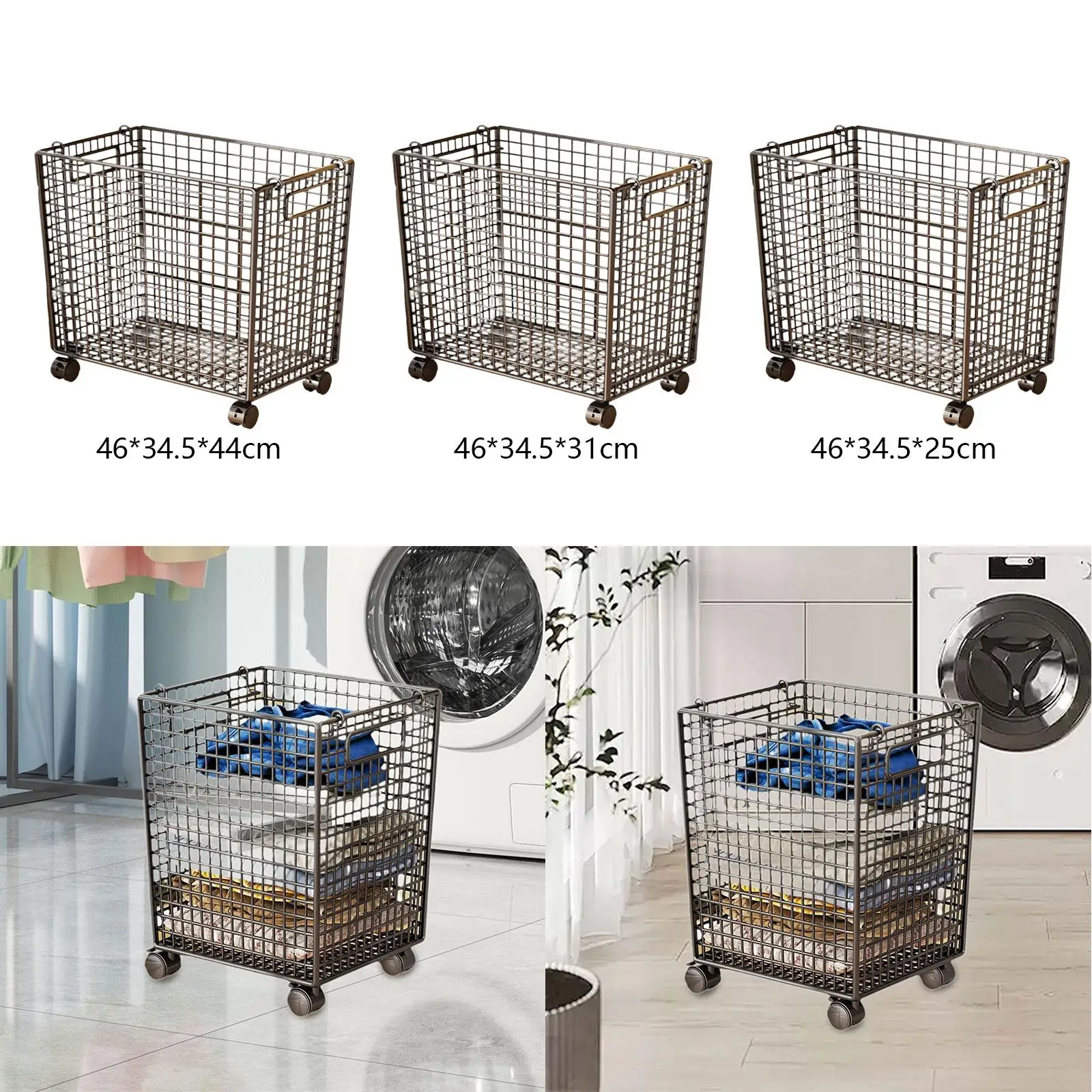 

Metal Mesh Rolling Laundry Basket Cart Sturdy for Living Room Multipurpose