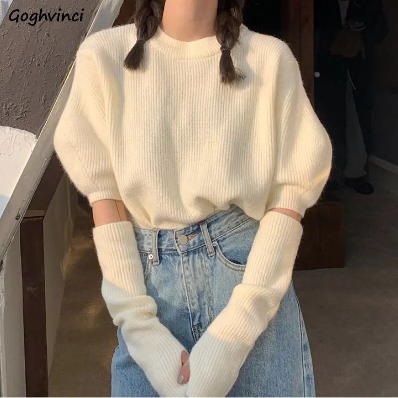 

Knitted Pullovers Women Hotsweet Puff Sleeve Spring Casual Streetwear Fashion Ins Chic Simple Ulzzang College Sweaters with Cuff