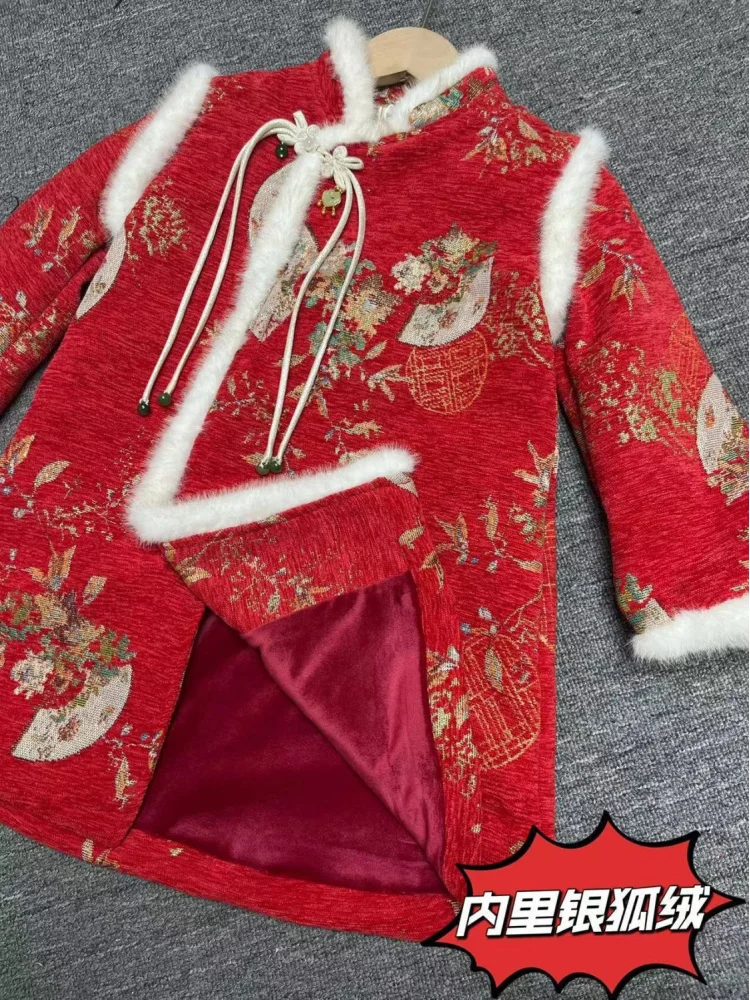 Girls' Skirt2025New Long Sleeve Thin Velvet Red New Year Dress Jacquard Chinese Style Cheongsam Dress