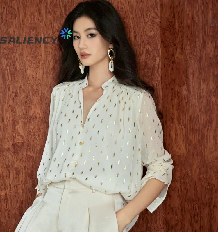SALIENCY Spring Summer Gold Foil Chiffon Leaf Pattern Custom Glass Button Stand Collar Loose Shirt for Women Elegant Tops
