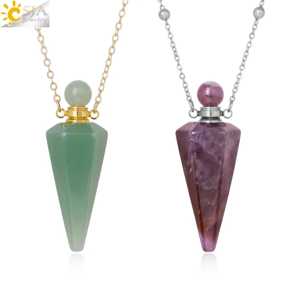 Natural Stone Cone Perfume Bottle necklace Healing Clear Quartz Crystal Pendant Reiki Essentials Oil Diffuser Vial Necklace H119