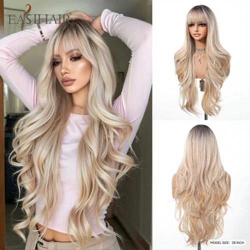 EASIHAIR pelucas sintéticas largas y rizadas con flequillo, peluca Natural ombré marrón Rubio para mujeres, peluca de Cosplay resistente al calor de pelo sedoso