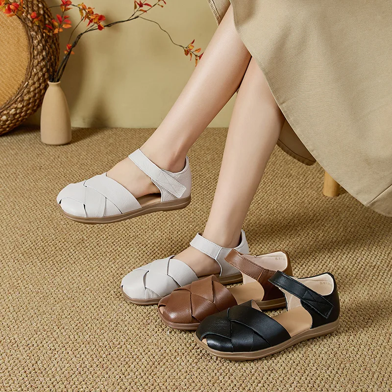 

New gladiator sandals womens real leather woven shoes summer hook loop flat sandal closed toe flats ladies mary jane falt shoes