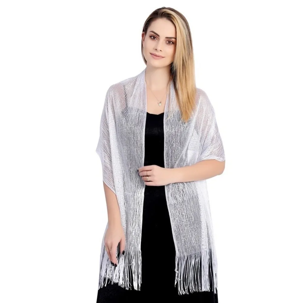 Casual Solid Color Hollow Out Shawl Sun Protection Thin Long Scarf Tassel Shawl Lightweight Bohemian Thread Dresses Beach
