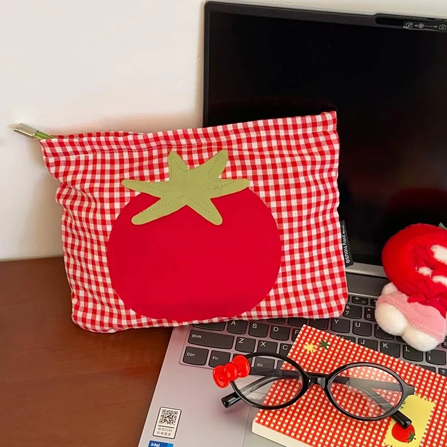 Ute Red Checkered Tomato Cosmetic Bag Large Capacity Portable Handheld Wash Bag Simple Versatile Makeup Storage Bag