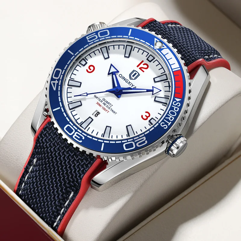 Hot Selling Classic Blue White Style Quartz Watch Men Personality Business Creative Design Steel Silicone Strap AAA Watch Clcok