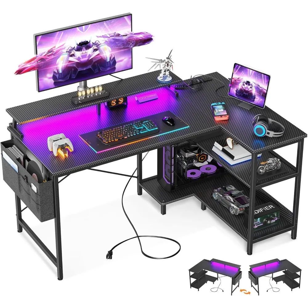 

ODK 48 Inch Gaming Desk with USB Charging Ports and LED Lights, Reversible L Shaped Computer Desk with Storage Shelves & Monitor