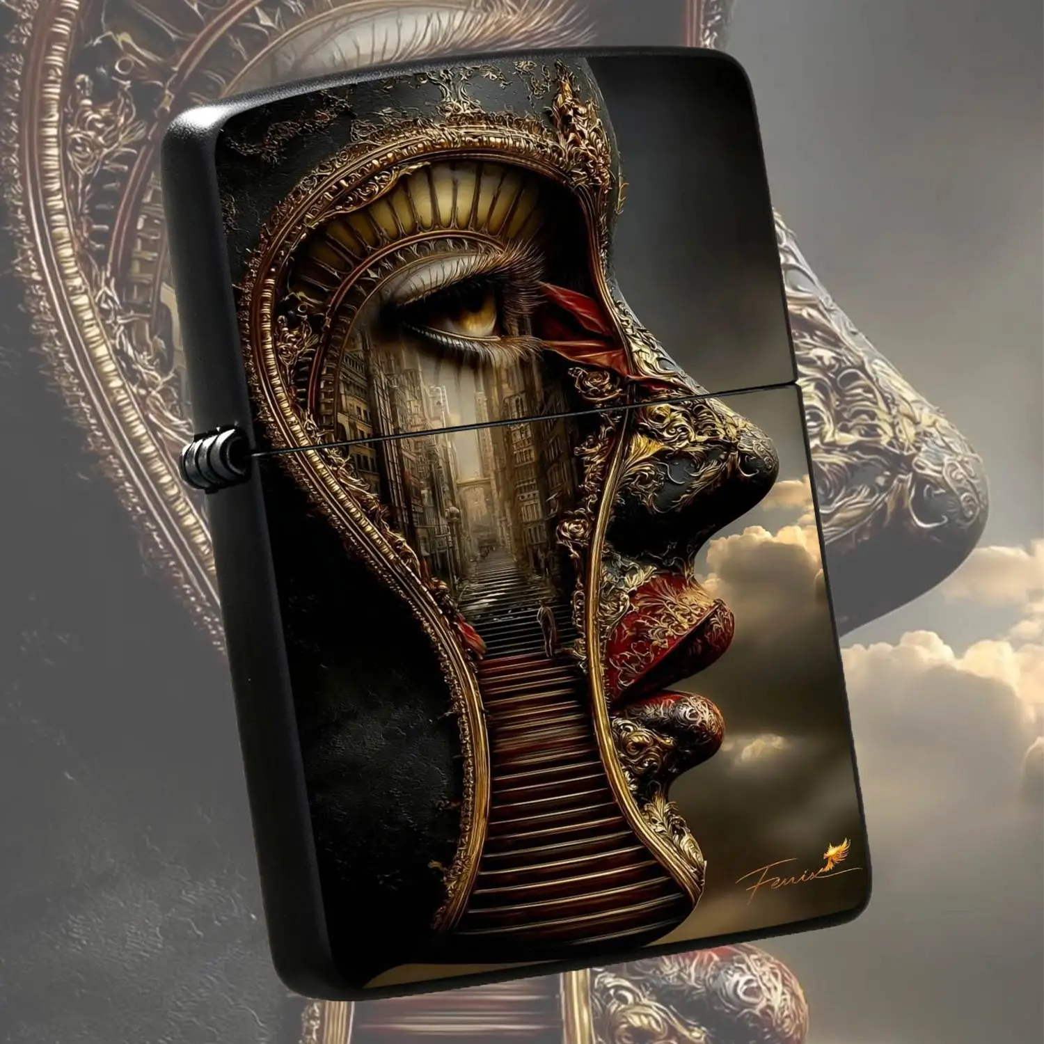 Surreal Gilded Mask City Art Lighter, Exquisite Baroque Carving Craft, Creative Atmospheric Portable Ornament, Suitable For All Daily Scenarios, Unique Stylish Collectible Gifting Present For Art Lovers A Humorous And Interesting Lighter