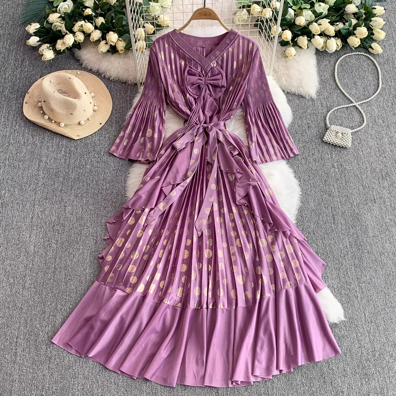 

Miyake Beading Ruffles Pleated Long Dress Women Summer V-Neck Bow Tie Dot Printed Loose Robe Designer Causal Women Clothing