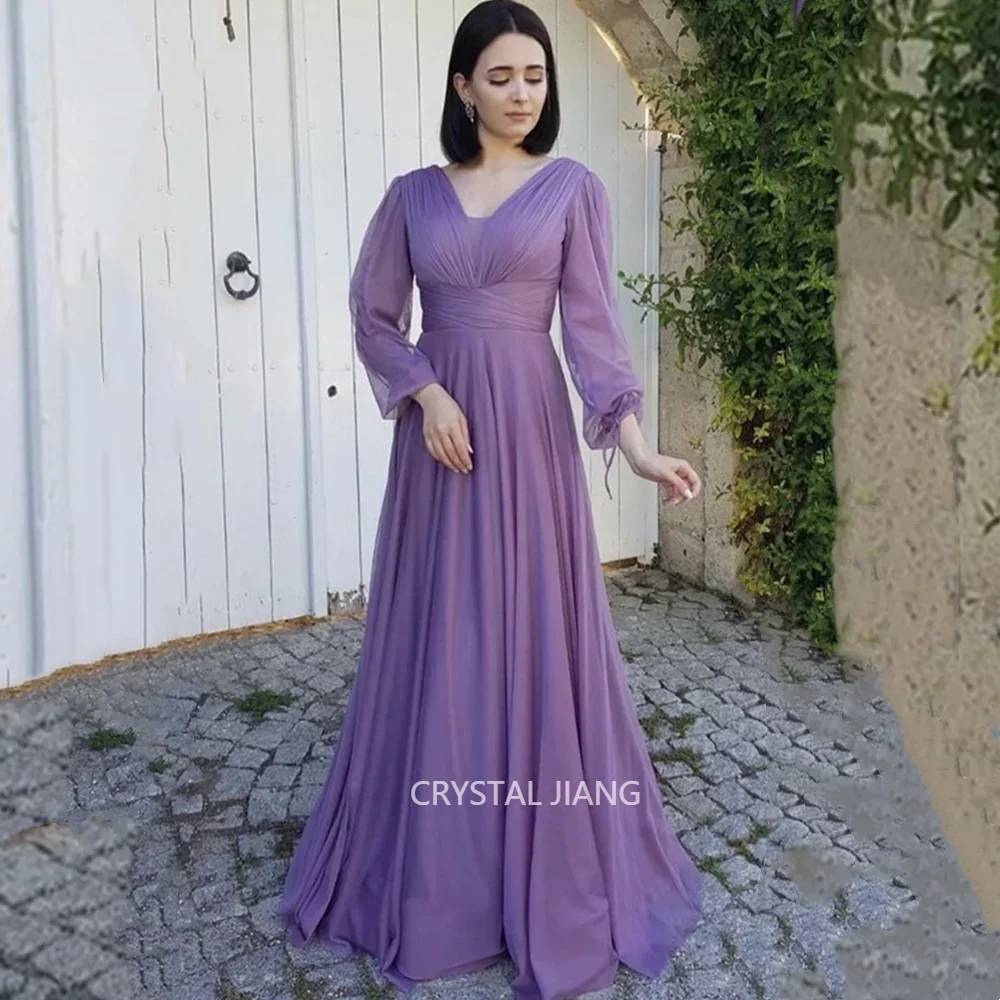 

Elegant Long Purple V Neck Chiffon Evening Dresses Full Sleeves A Line Floor Length فساتين سهرات for Women