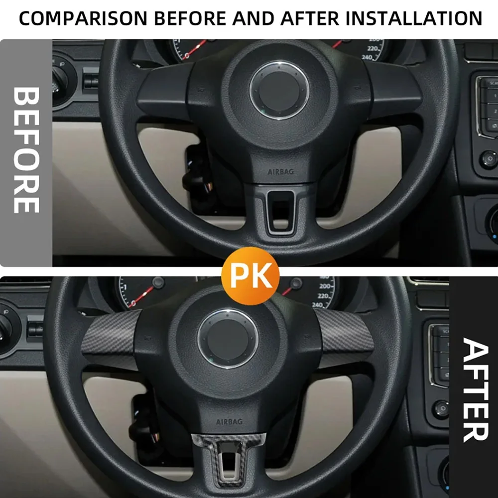 Para Volkswagen VW Polo 11-14 Golf 6 2009 - 13 Jetta Touran Bora Caddy Eos ABS Fibra de carbono 3 piezas Adhesivo decorativo para volante de coche
