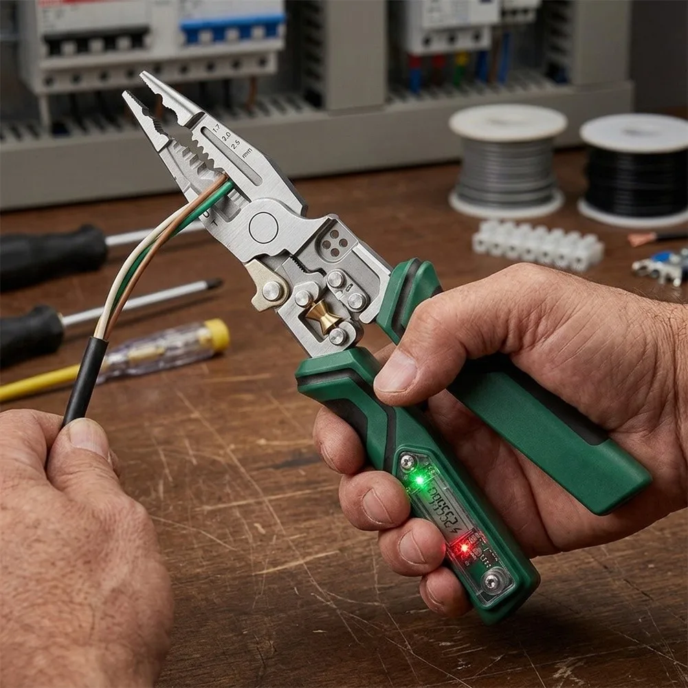 Multi Function Digital Electrician Pliers Featuring Live Wire Detection Wire Stripping Terminal Crimping and Cable Cutting