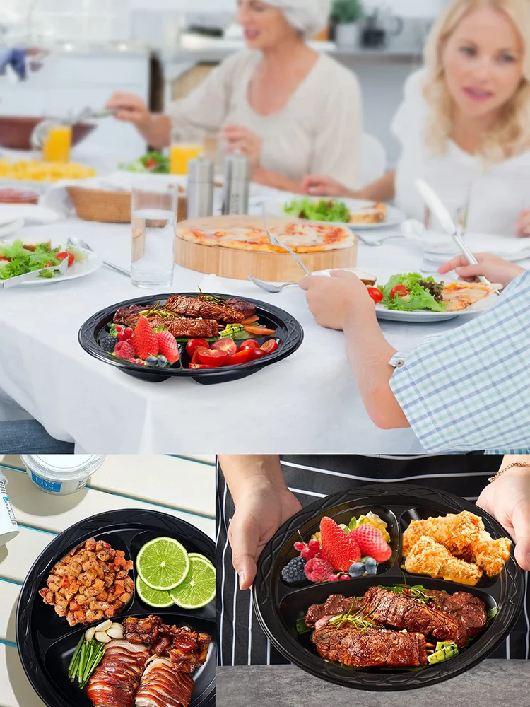 

50pcs/100PCS Reusable Plastic Plates, 9 Inch 3 Compartments ,3 Pack Food Grade Material BPA Free Black Dinner Plates