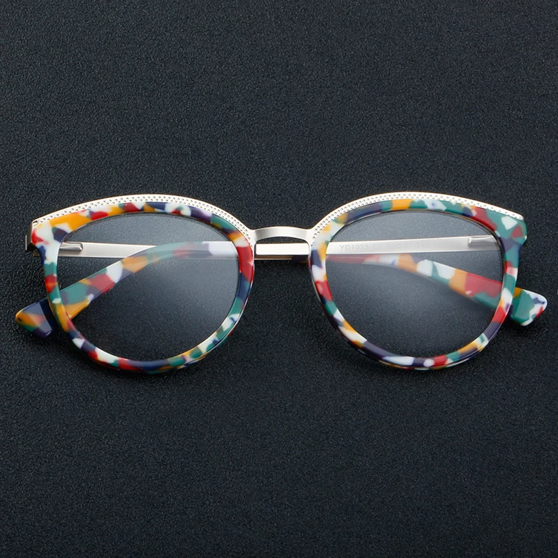 Women Fashion Floral Cat Eye Round Acetate Metal Frame Eyeglasses Female Colorful Printing Presbyopia Reading Glasses Eyewear