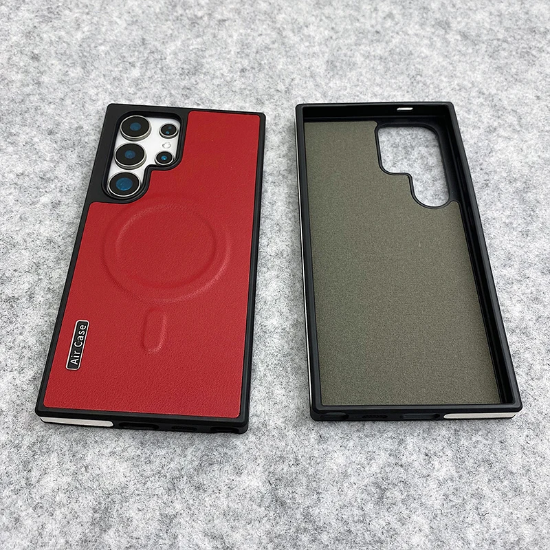 Trendy Hit Color MagSafe Phone Case for Samsung Galaxy S25 Ultra S24 S23 Retro PU Leather Texture Wireless Charging Hard Cover