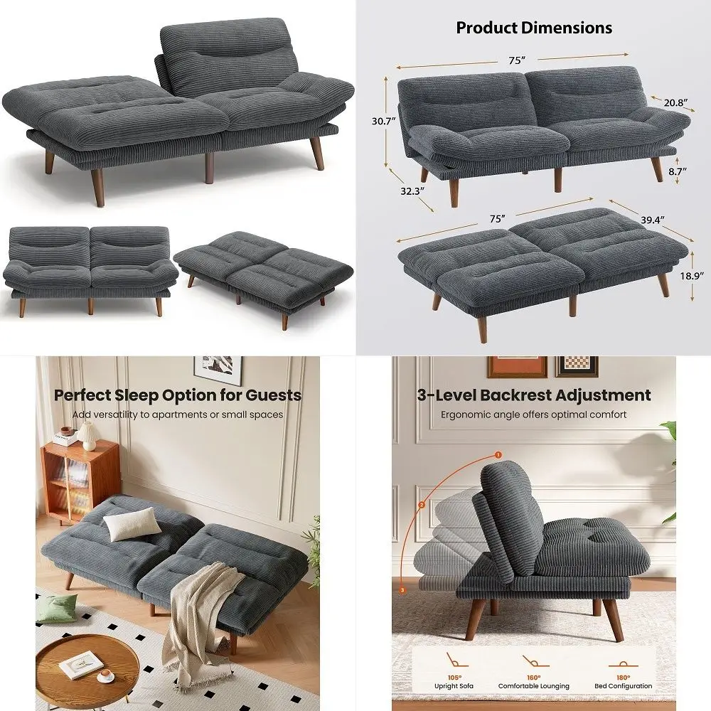 

MidCentury Modern Leather Couch, 80 Large Upholstered Sofa with High Back, Chesterfield Sofa Sleeper Settee with Solid Wood Leg