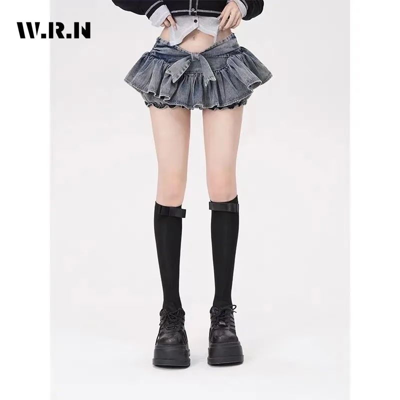 

Korean Y2K Style Harajuku High Waist Street Style Bow Lace-up Skirts 2024 Spring Women's Sexy Slim Fit Hotsweet Denim Skirt