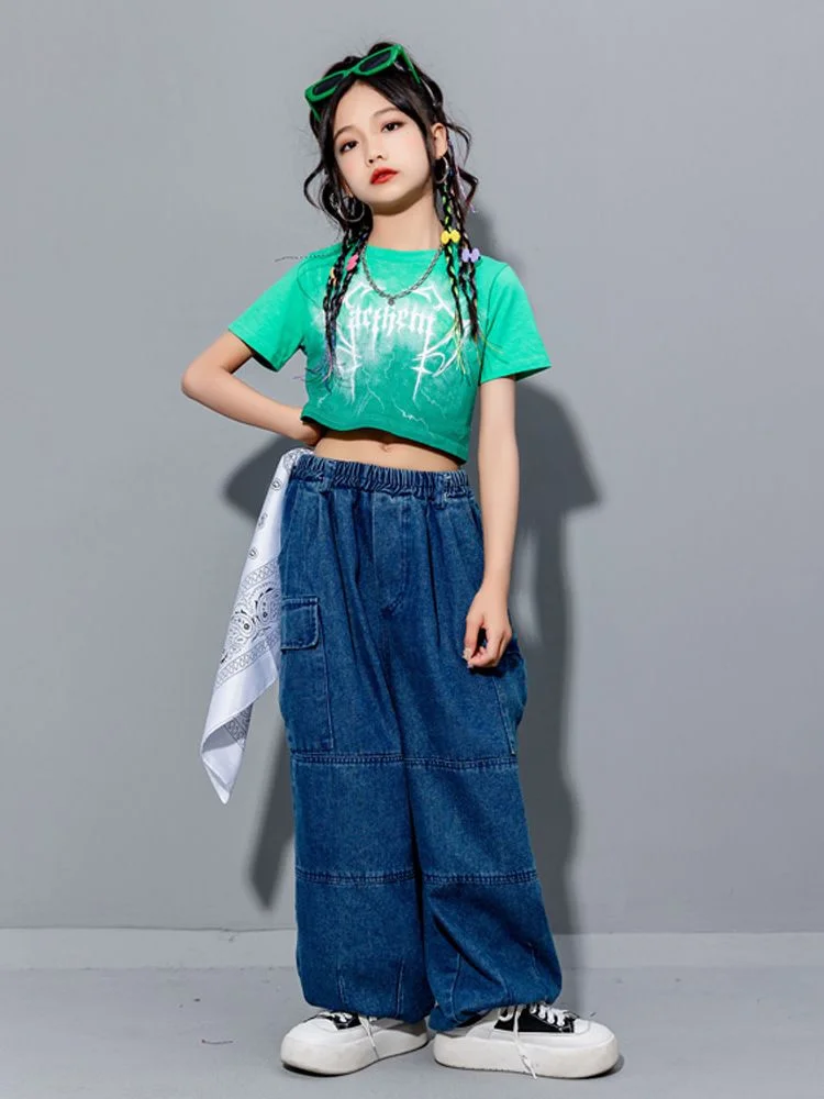 Kids Hip Hop Clothing Sweatshirt Hoodie Denim Cargo Jogger Streetwear Pants for Girl Boy Jazz Dance Costume Clothes Outfits Set