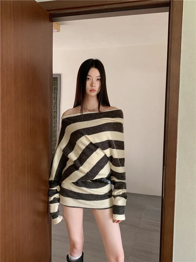 SuperAen Striped Knit Asymmetrical Autumn and Winter New Embroidered Letters Inclined Shoulder Long-sleeved Hip Dresses