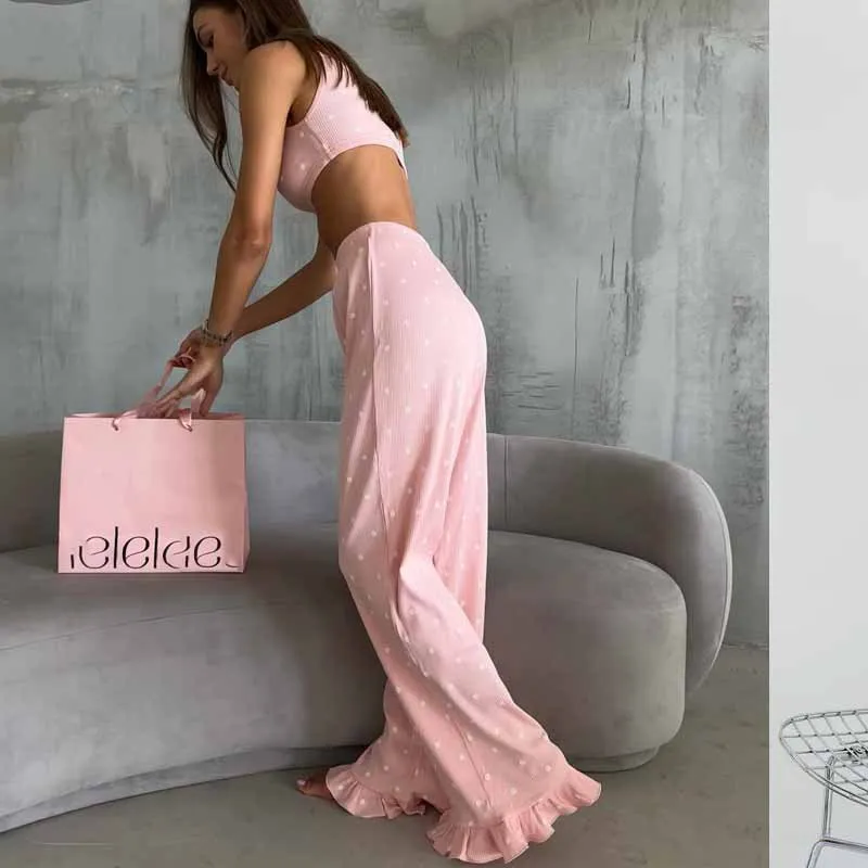 2025 Women Summer Home Wear, New European American Style Pajamas Suit,Knitted Short Top Ruffled Trousers Two-Pieces