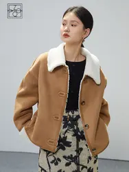 ZIQIAO British Style Fur Short Coat Women's Winter 2022 New Vintage Jacket Motorcycle Coat Khaki Women Thick Solid Jackets