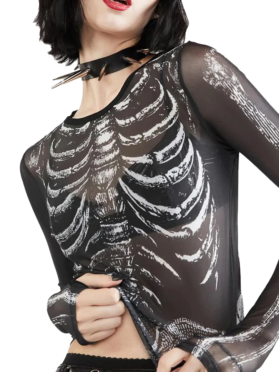 Women Sheer Mesh Tops Halloween Skeleton Print  Long Sleeve Fitted Black Crop Tops Casual Horror Shirt Streetwear