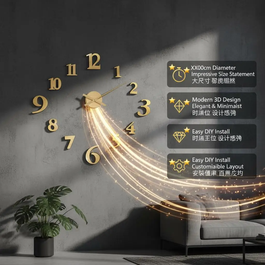 3D-Wanduhr Modernes Design Goldfarben 100 cm XXL, Geeignet für Häuser, Büros und Empfangsbereiche. – Detail 4