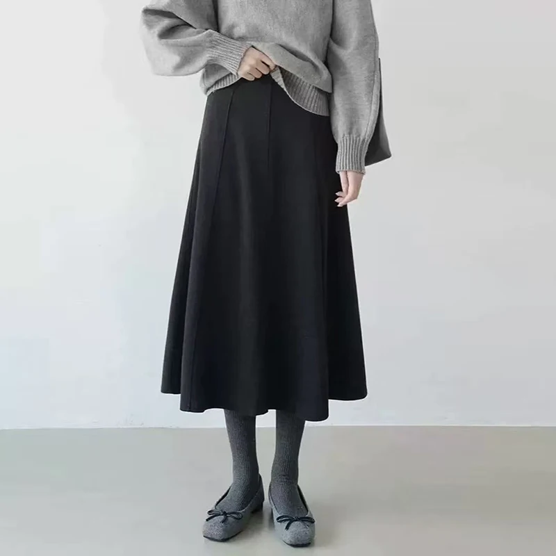 

Winter Faux Wool Midi Skirts Women Y2K Korean Elegant Office Lady Loose Casual Skirts Female High Waist All Match Blended Skirts