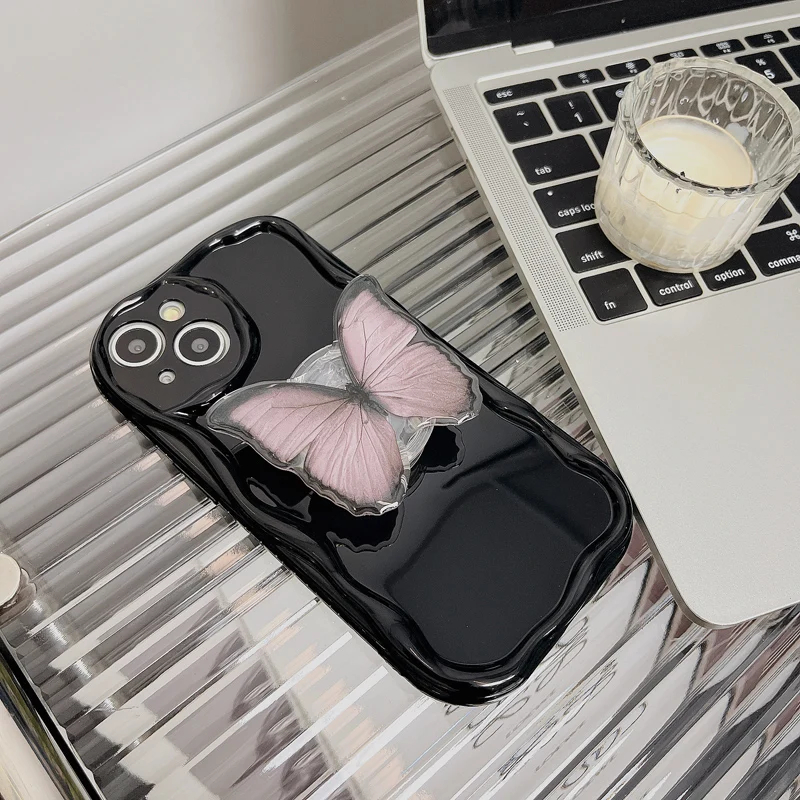 Black Butterfly Phone Case For iPhone 14 Plus 7 8 X XS XR 11 12 13 Pro Max MINI Silicone Cases Cover with holder