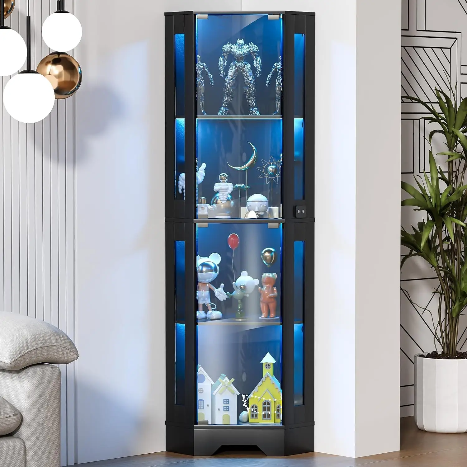 Tall Corner Display Cabinet 65 Inch With Glass Door, 4 Tier RGB LED Showcase White, 90 Degree Space Saving Design, Magnetic Pop Up Glass Doors, 3 Color Dimmable RGB LED, Human Body Sensor, 4 Spacious Tiers