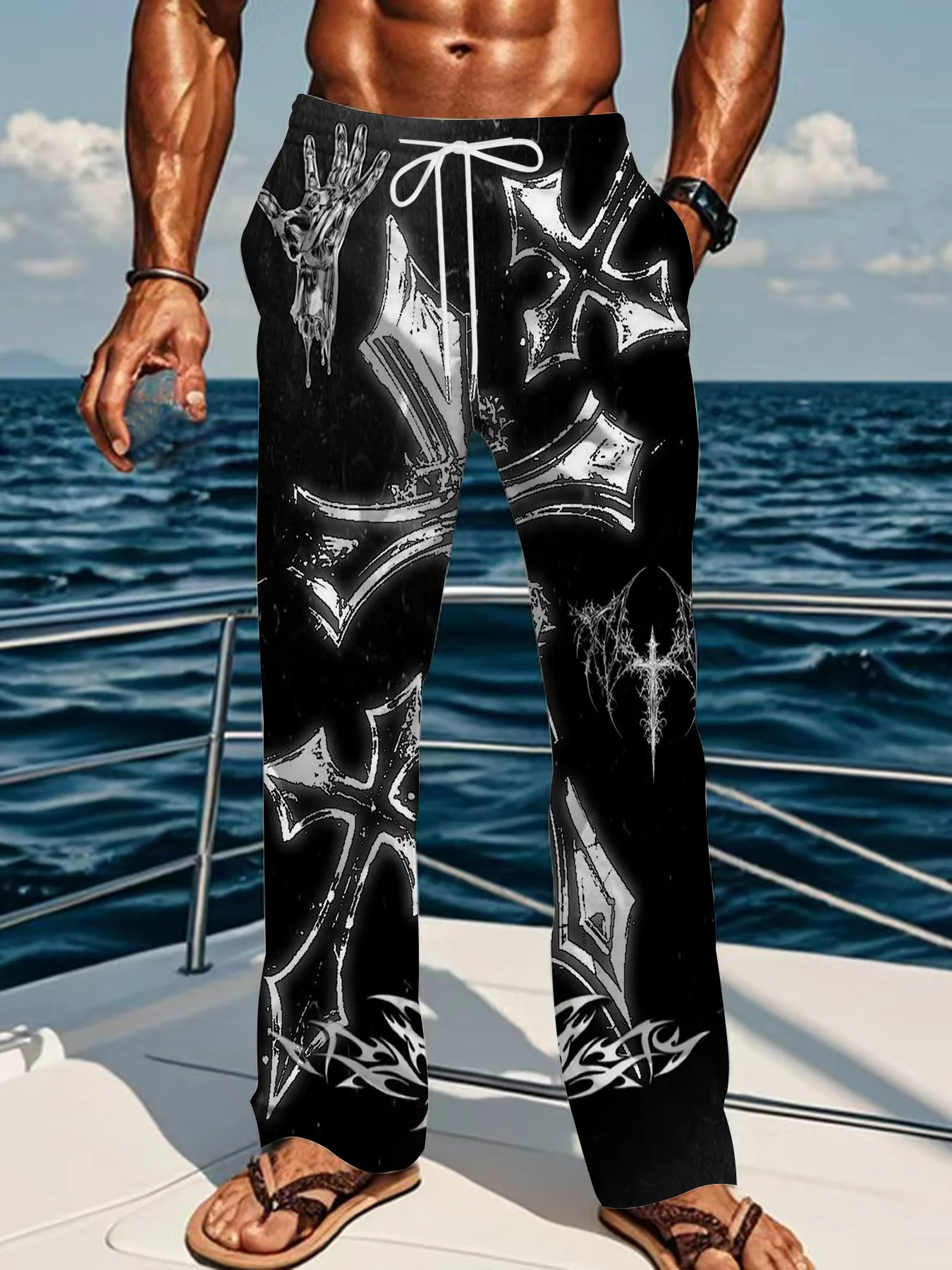 Unisex Straight-Leg Jogginghose mit Gothic-Kreuz-Tribal-Print, Y2K Punk Hip Hop Streetwear, Alltags-Outdoor-Modehose – Detail 18