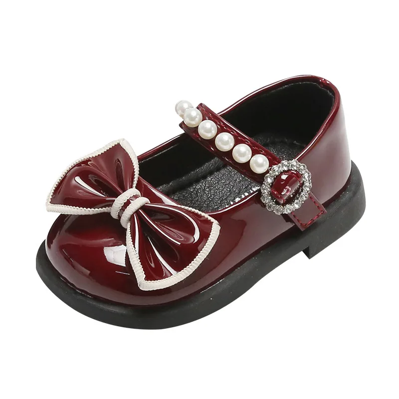 High Quality Little Princess Patent Leather Shoes For First Birthday Party,Bright Soft Toddler Wine Red Dress Shoes With Bowtie