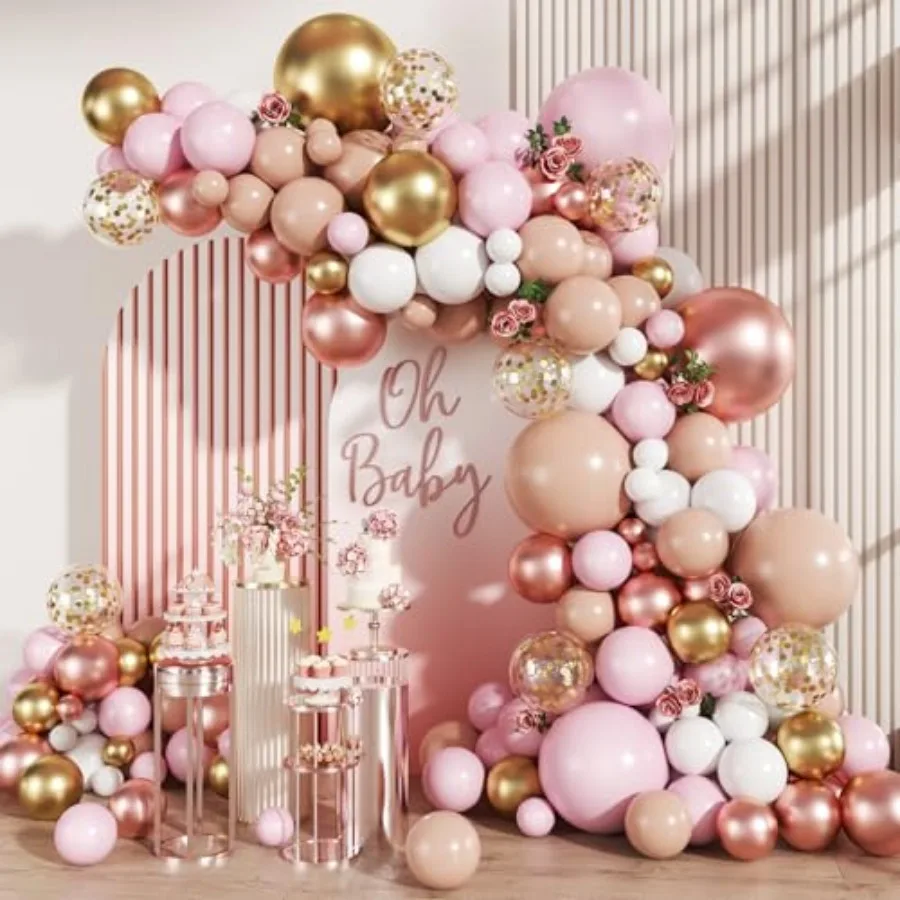 

Rose Gold Balloon Arch Kit, 147Pcs Metallic Gold White Pastel Nude Pink and Rose Gold Balloons Garland with Confetti for Weddin