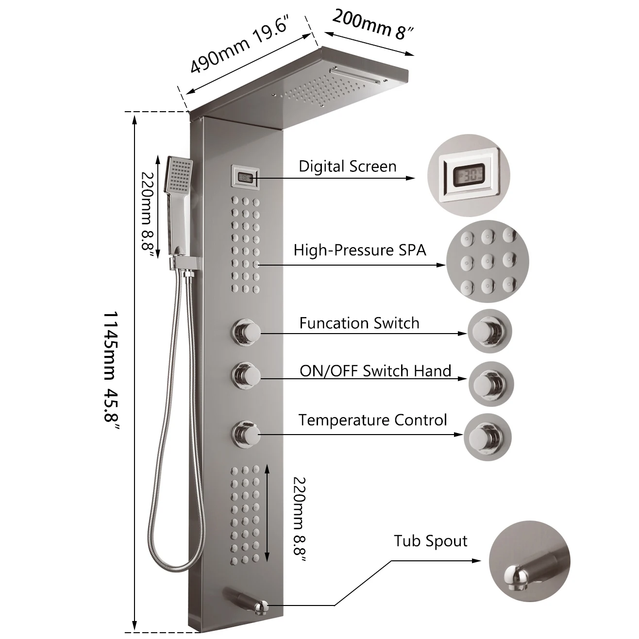 Digital Display Shower Panel System Brushed Nickel Rainfall Shower Tower with Body Jets & Handheld Spray, Wall Mounted