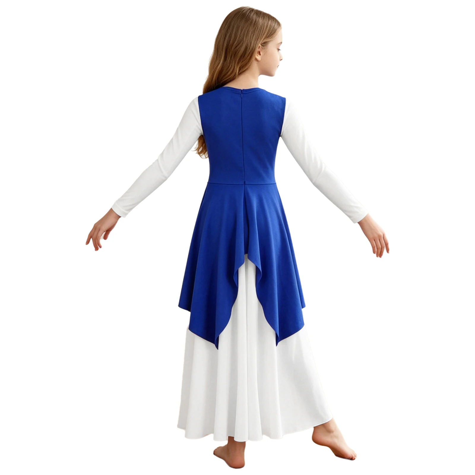 Kids Girls Lyrical Praise Dance Costume Liturgical Worship Church Choir Robe Long Sleeve Metallic Color Block Tunic Dress