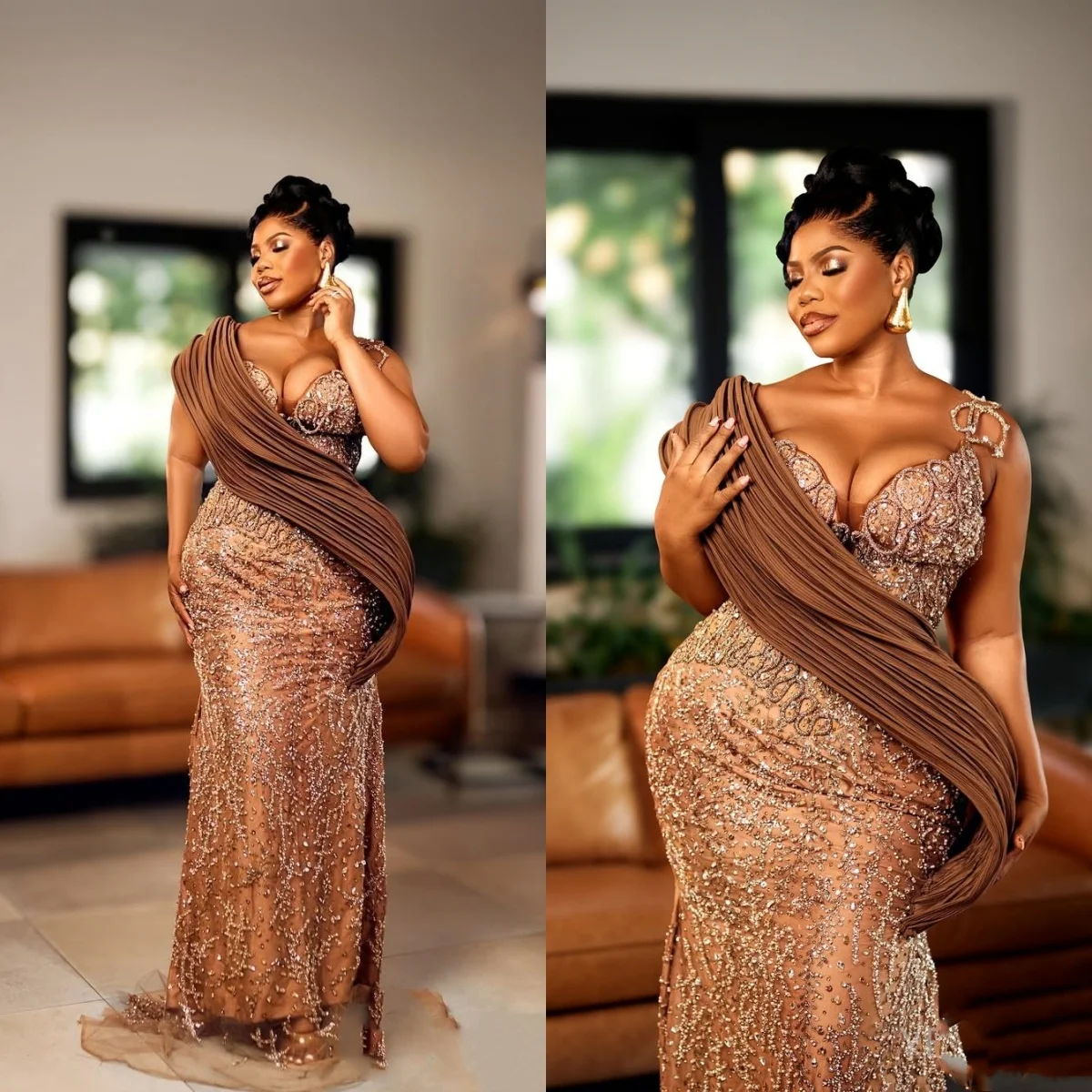

Plus Size Brown Aso Ebi Evening Dress Mermaid Pleats Beading Prom Dresses Formal Beaded Customized Party Gowns