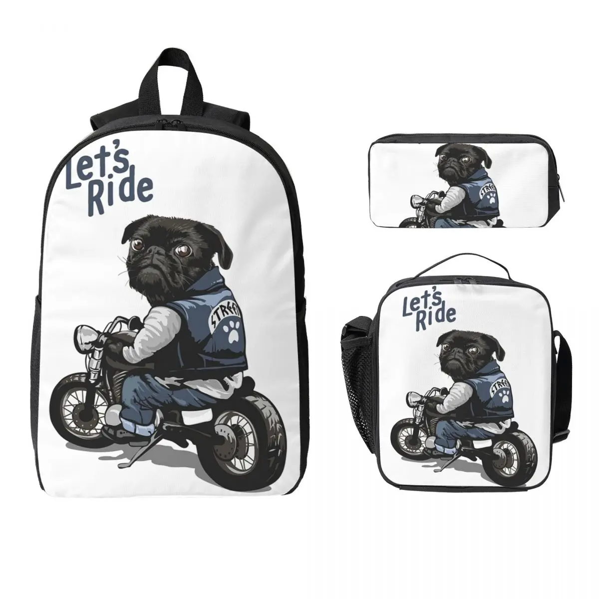 Let's Ride Motorcycle Big Bike Black Pug Dog Backpack Student Boys Girls BookBag School Bag 3ps Insulated Lunch Bag Pencil Case