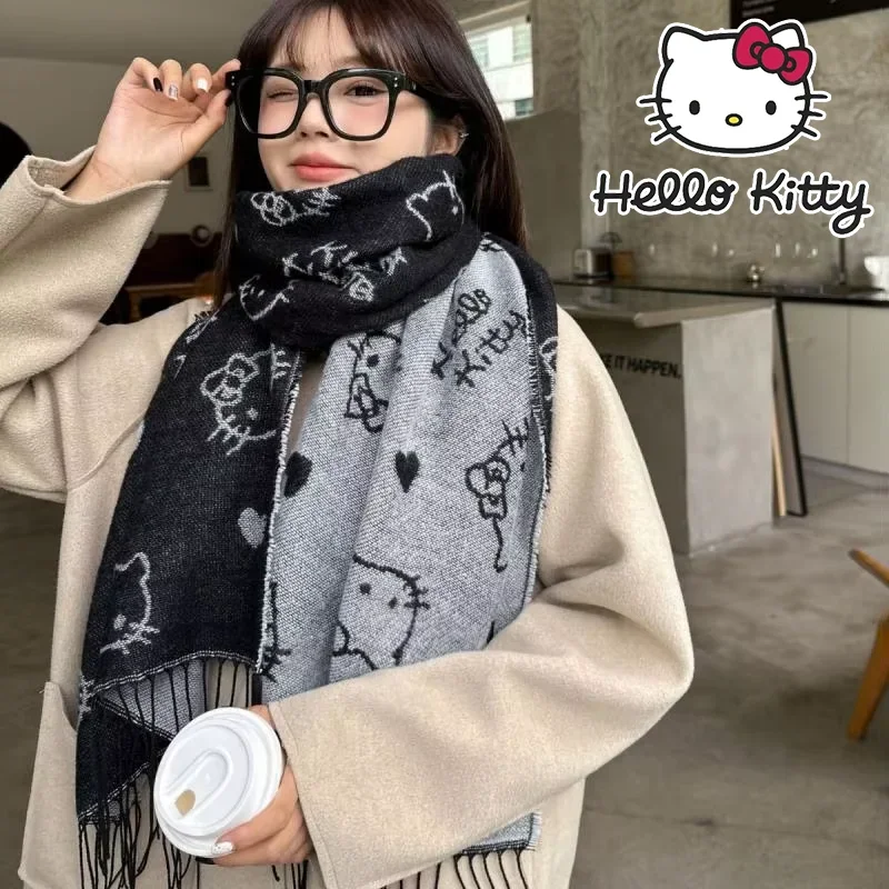 Kawaii Sanrio Anime Hello Kitty New Autumn and Winter Warm Cartoon Cute Girly Heart Knitted Scarf Christmas Girly Heart Gifts