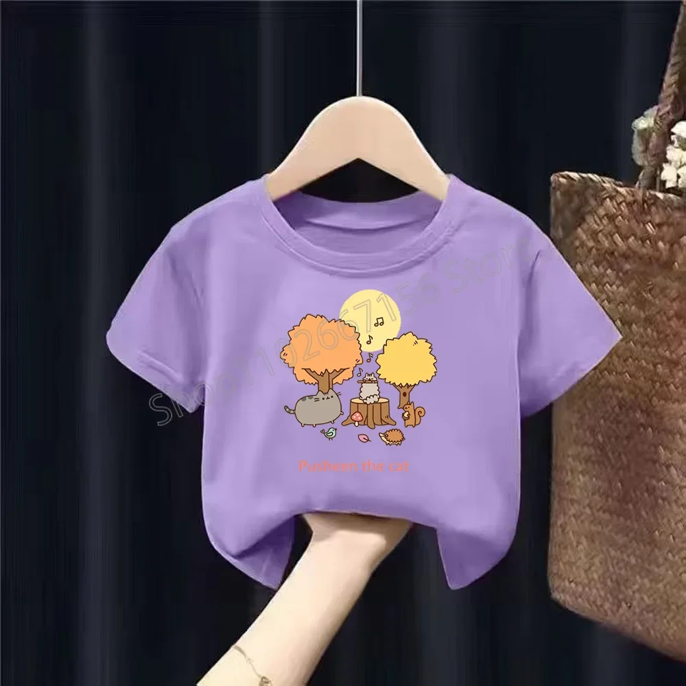 Purple Pusheen Teenagers T-shirts Cartoon Anime Figures Fat Cats Short Sleeves Tees Round Neck Tops Boutique Boys Girls Clothes