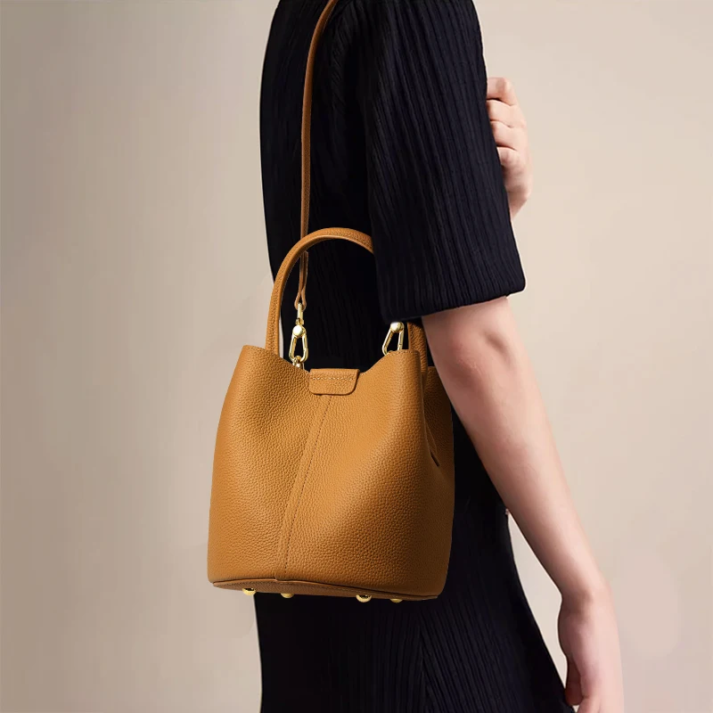 

Genuine cowhide lychee pattern women's handbag with single shoulder strap, large capacity, mother-child bag, bucket bag