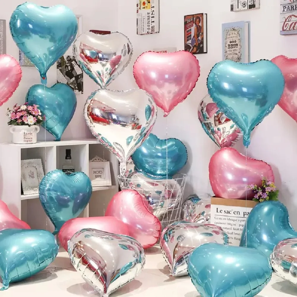 Pink Silver Blue Heart Foil Balloons Birthday Party Decorations Wedding Valentine's Day Anniversary Romantic Combo Balloon Decor
