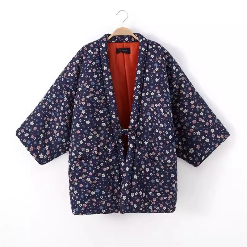 

Thicker Warm Floral Printed Women Female Japan Style Jackets Coats Winter Loose Cotton Vintage Casual Open Stitch