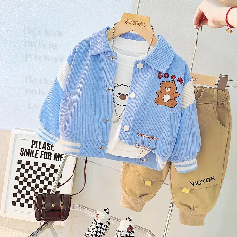 

Spring and autumn baby cartoon bear long sleeve suit boys' letter cardigan jacket pants corduroy two-piece casual sportswear