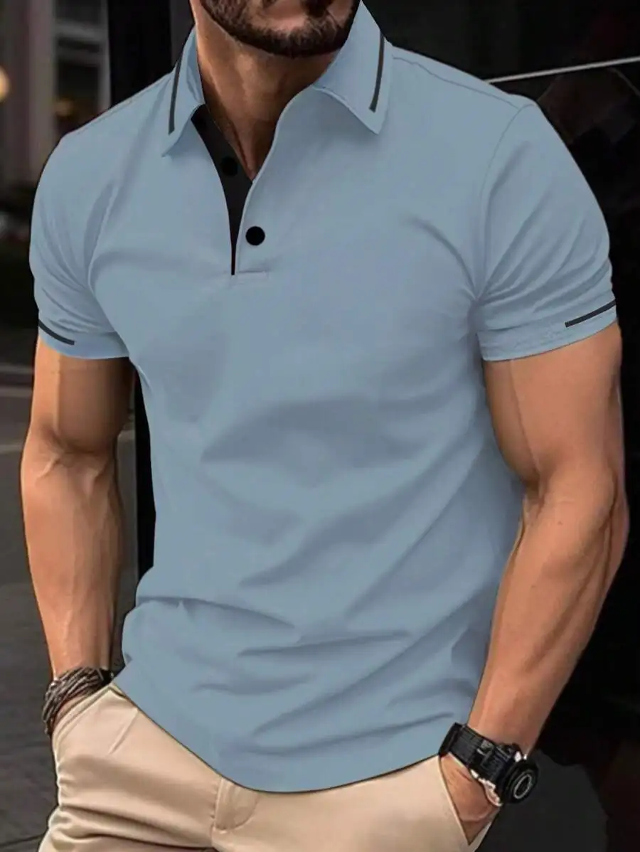 

Men's Light Blue Short Sleeve Casual Polo Shirt with Contrast Trim