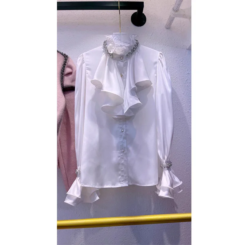 Palace Style Elegant White Chiffon Shirt Women\'s Clothing 2023 Spring Autumn Exquisite Rhinestone Drape Versatile Blouse Top