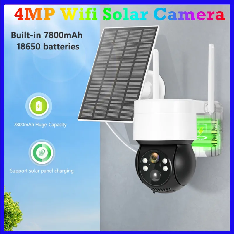 

Solar Camera Wifi Outdoor 4MP PIR Human Detection Wireless Surveillance IP Cameras With Solar Panel 7800mAh Recharge Battery