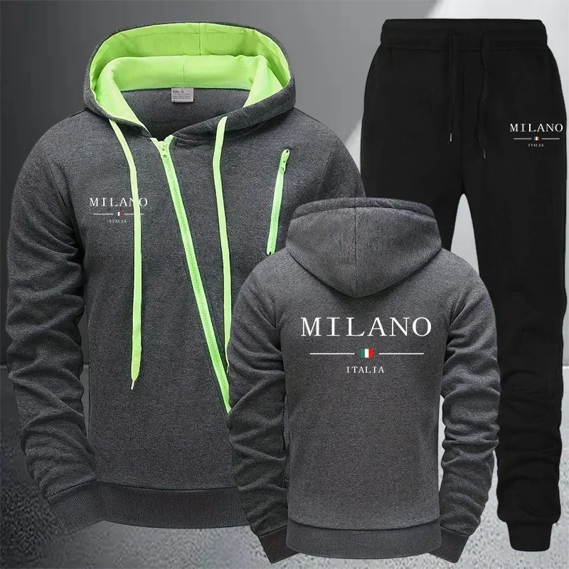 Casual Men's Jacket Tracksuit Print Zip Sweatshirts Coat Outdoors Sports Jogging Hoodie Clothing Autumn Winter Single Tops Pants