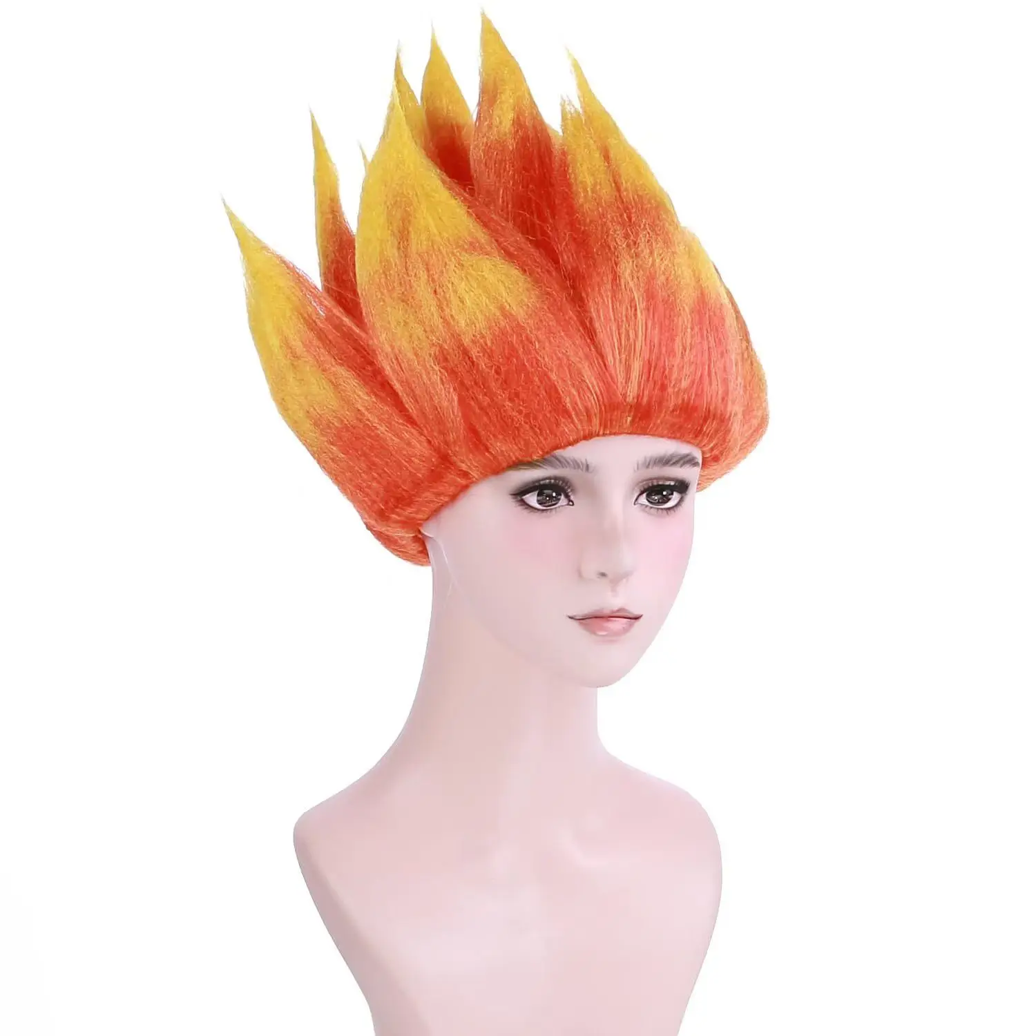 Heat-Resistant Anime Flame Wig Pre-Styled Spiky Dual Orange & Yellow Synthetic Fiber Short 12 Inch Cosplay Halloween Party Wig